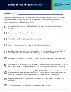 Screenshot of Notice of Award Checklist job aid